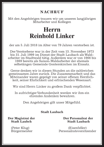 Traueranzeige von Reinhold Linker von Laubacher Anzeiger