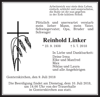 Traueranzeige von Reinhold Linker von Giessener Allgemeine, Alsfelder Allgemeine