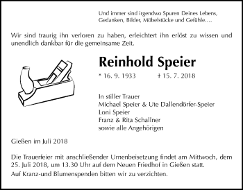 Traueranzeige von Reinhold Speier von Giessener Allgemeine, Alsfelder Allgemeine