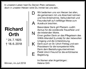 Traueranzeige von Richard Orth von Allendorfer Mitteilungen