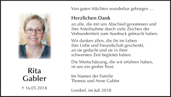 Traueranzeige von Rita Gabler von Giessener Allgemeine, Alsfelder Allgemeine