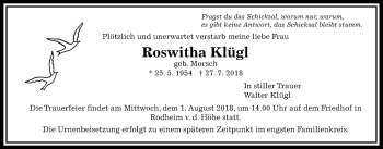 Traueranzeige von Roswitha Klügl von Wetterauer Zeitung, Wetterauer Zeitung