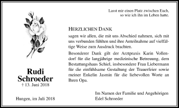 Traueranzeige von Rudi Schroeder von Licher Wochenblatt, Licher Wochenblatt, Licher Wochenblatt