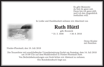 Traueranzeige von Ruth Hüttl von Wetterauer Zeitung, Wetterauer Zeitung