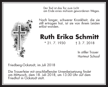 Traueranzeige von Ruth Erika Schmitt von Wetterauer Zeitung, Wetterauer Zeitung