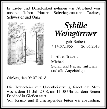 Traueranzeige von Sybille Weingärtner von Giessener Allgemeine, Alsfelder Allgemeine