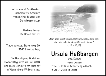 Traueranzeige von Ursula Haßbargen von Giessener Allgemeine, Alsfelder Allgemeine