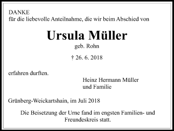 Traueranzeige von Ursula Müller von Giessener Allgemeine, Alsfelder Allgemeine