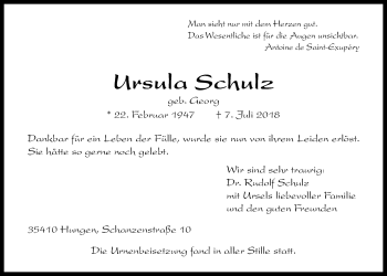 Traueranzeige von Ursula Schulz von Licher Wochenblatt, Licher Wochenblatt, Licher Wochenblatt