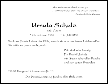Traueranzeige von Ursula Schulz von Giessener Allgemeine, Alsfelder Allgemeine, Wetterauer Zeitung, Wetterauer Zeitung