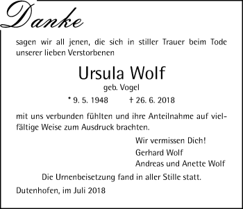 Traueranzeige von Ursula Wolf von Giessener Allgemeine, Alsfelder Allgemeine
