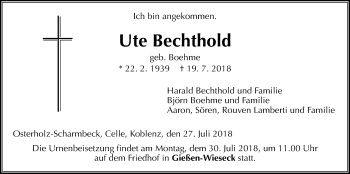 Traueranzeige von Ute Bechthold von Giessener Allgemeine, Alsfelder Allgemeine
