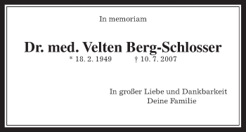 Traueranzeige von Velten Berg-Schlosser von Wetterauer Zeitung, Wetterauer Zeitung