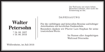 Traueranzeige von Walter Petersohn von Wetterauer Zeitung, Wetterauer Zeitung