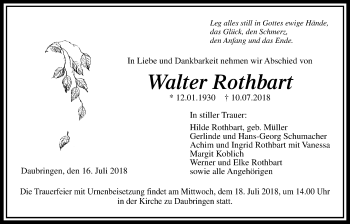 Traueranzeige von Walter Rothbart von Giessener Allgemeine, Alsfelder Allgemeine