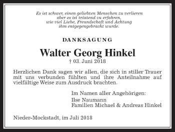 Traueranzeige von Walter Georg Hinkel von Wetterauer Zeitung, Wetterauer Zeitung