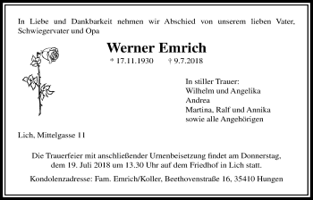 Traueranzeige von Werner Emrich von Licher Wochenblatt, Licher Wochenblatt, Licher Wochenblatt