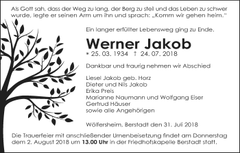 Traueranzeige von Werner Jakob von Giessener Allgemeine, Alsfelder Allgemeine, Wetterauer Zeitung, Wetterauer Zeitung