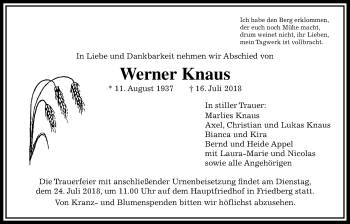 Traueranzeige von Werner Knaus von Wetterauer Zeitung, Wetterauer Zeitung