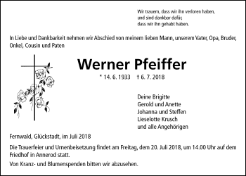 Traueranzeige von Werner Pfeiffer von Giessener Allgemeine, Alsfelder Allgemeine