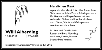 Traueranzeige von Willi Alberding von Licher Wochenblatt, Licher Wochenblatt, Licher Wochenblatt