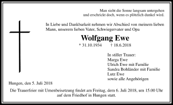 Traueranzeige von Wolfgang Ewe von Licher Wochenblatt, Licher Wochenblatt, Licher Wochenblatt