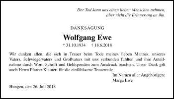Traueranzeige von Wolfgang Ewe von Licher Wochenblatt, Licher Wochenblatt, Licher Wochenblatt