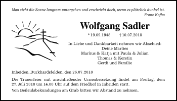 Traueranzeige von Wolfgang Sadler von Licher Wochenblatt, Licher Wochenblatt, Licher Wochenblatt