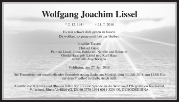 Traueranzeige von Wolfgang Joachim Lissel von Giessener Allgemeine, Alsfelder Allgemeine
