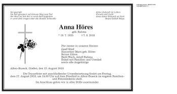Traueranzeige von Anna Höres von Gießener Allgemeine