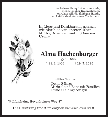 Traueranzeige von Alma Hachenburger von Wetterauer Zeitung, Wetterauer Zeitung
