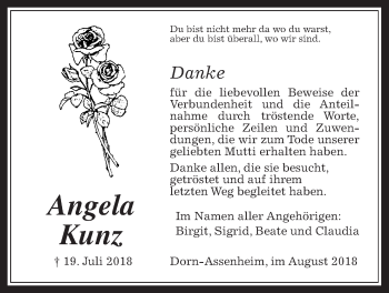 Traueranzeige von Angela Kunz von Wetterauer Zeitung, Wetterauer Zeitung