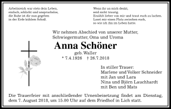 Traueranzeige von Anna Schöner von Licher Wochenblatt, Licher Wochenblatt, Licher Wochenblatt
