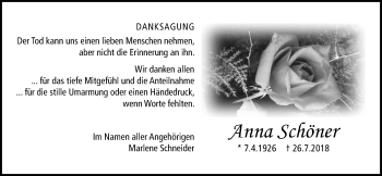 Traueranzeige von Anna Schöner von Licher Wochenblatt, Licher Wochenblatt, Licher Wochenblatt