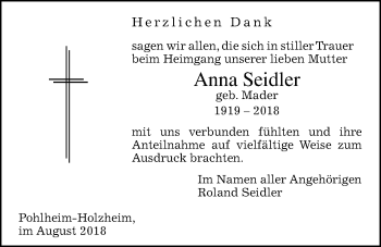 Traueranzeige von Anna Seidler von Pohlheimer Nachrichten