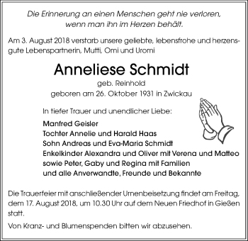 Traueranzeige von Anneliese Schmidt von Giessener Allgemeine, Alsfelder Allgemeine