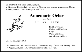 Traueranzeige von Annemarie Ochse von Giessener Allgemeine, Alsfelder Allgemeine