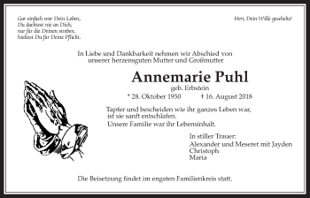 Traueranzeige von Annemarie Puhl von Wetterauer Zeitung, Wetterauer Zeitung
