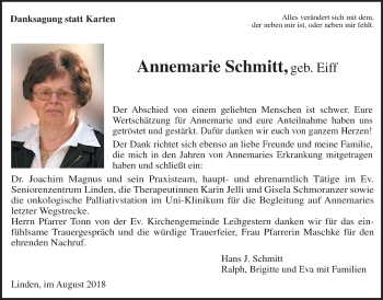 Traueranzeige von Annemarie Schmitt von Giessener Allgemeine, Alsfelder Allgemeine