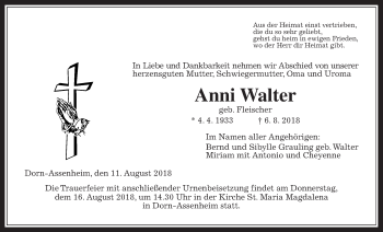 Traueranzeige von Anni Walter von Wetterauer Zeitung, Wetterauer Zeitung