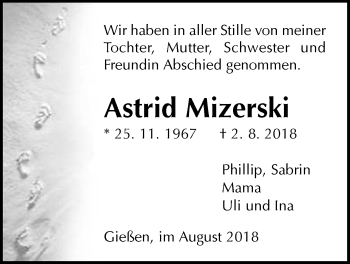 Traueranzeige von Astrid Mizerski von Giessener Allgemeine, Alsfelder Allgemeine