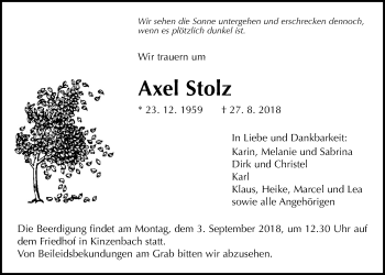 Traueranzeige von Axel Stolz von Giessener Allgemeine, Alsfelder Allgemeine