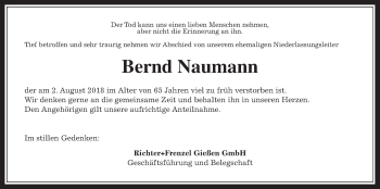Traueranzeige von Bernd Naumann von Giessener Allgemeine, Alsfelder Allgemeine