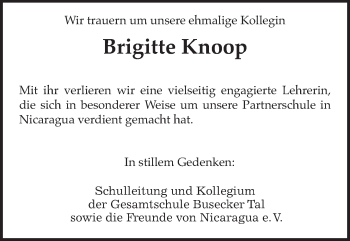 Traueranzeige von Brigitte Knoop von Giessener Allgemeine, Alsfelder Allgemeine