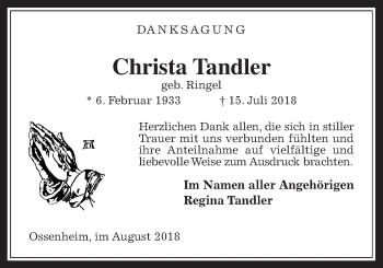 Traueranzeige von Christa Tandler von Wetterauer Zeitung, Wetterauer Zeitung
