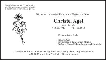 Traueranzeige von Christel Agel von Wetterauer Zeitung, Wetterauer Zeitung
