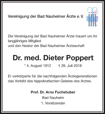 Traueranzeige von Dieter Poppert von Wetterauer Zeitung, Wetterauer Zeitung