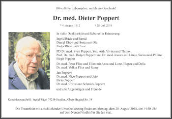 Traueranzeige von Dieter Poppert von Wetterauer Zeitung, Wetterauer Zeitung