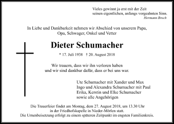 Traueranzeige von Dieter Schumacher von Wetterauer Zeitung, Wetterauer Zeitung