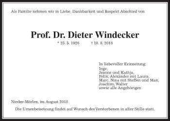 Traueranzeige von Dieter Windecker von Wetterauer Zeitung, Wetterauer Zeitung